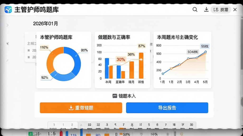 主体:主管护师鸣题库的学习报告页面,屏幕显示环形统计图、柱状图、折线图,展示本周做题数与正确率变化,下方有错题本入口;布局:图表居中,底部有“重做错题”、“导出报告”按钮;排版:数据标签清晰,图表颜色鲜艳;风格:商务简洁风,白色背景,蓝色和橙色图表;细节:截图顶部有“主管护师鸣题库”标识,报告日期为“2026年01月”;画质:高清,干净,无多余元素。