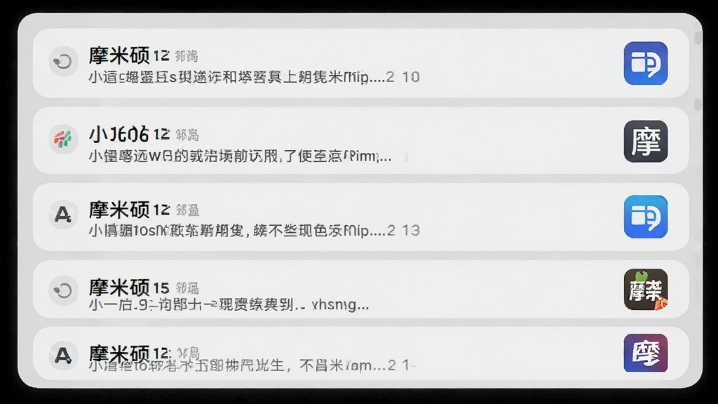 摩米硕界面展示多个聊天应用的通知消息被聚合在一个列表中,每条消息右侧有应用的小图标标识,列表背景为浅灰色,采用卡片式布局,圆角设计,画质细腻,干净无多余元素