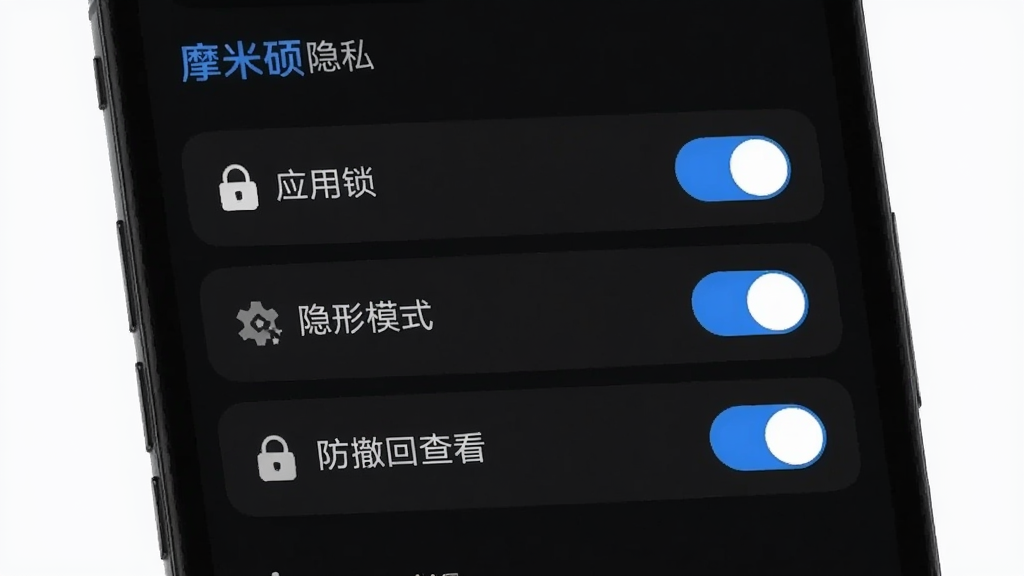 摩米硕的隐私设置界面,展示应用锁、隐形模式、防撤回查看等功能的开关列表,背景为深色模式,开关按钮为蓝色,整体风格科技感强,画质清晰,干净无多余元素