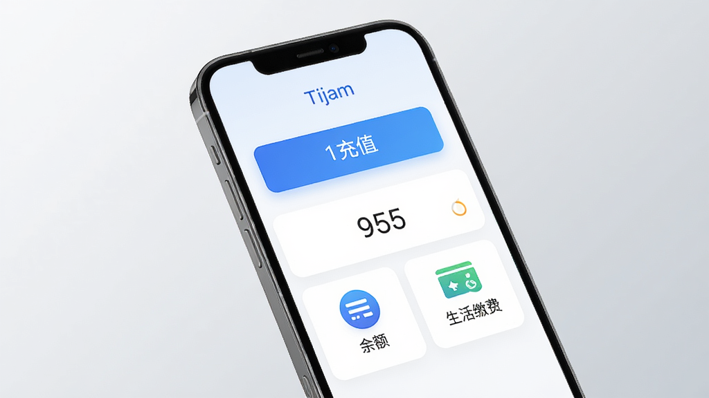 现代智能手机屏幕展示Tijam应用界面,界面包含充值按钮、余额显示、生活缴费图标,整体布局简洁清新,以蓝色和白色为主色调,背景为淡灰色渐变,画质高清,干净无多余元素,突出应用名称
