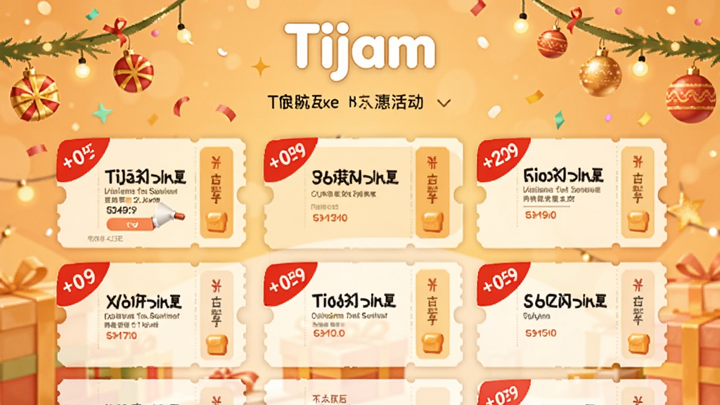 Tijam应用内优惠活动页面,展示多张优惠券卡片,红色折扣标签,背景为节日气氛的暖色系,界面活泼生动,突出