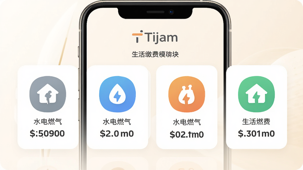 Tijam应用的生活缴费模块界面,展示水电燃气四个图标,每个图标下方有金额数字,界面采用卡片式排列,背景为柔和的暖白色,整体风格干净整洁,突出