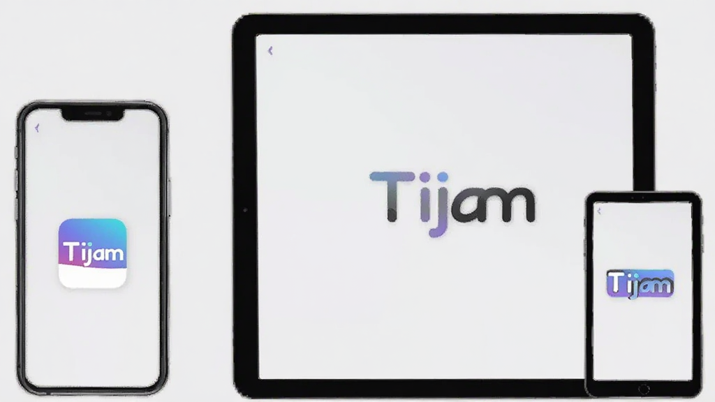 Tijam应用在手机和平板上同时显示,展示多设备适配能力,背景为浅灰色,画面干净,突出