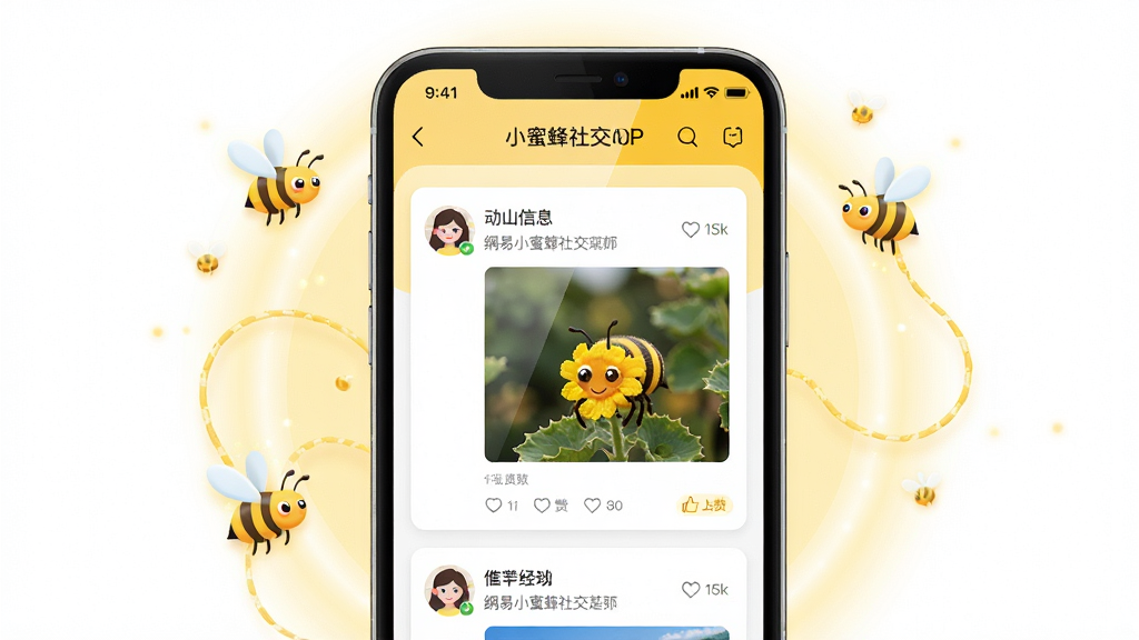 主体:网易小蜜蜂社交App界面,手机屏幕显示社区信息流,包含用户头像、动态图片和点赞评论按钮。布局:手机居中,屏幕内容清晰可见,周围有柔和的光晕和蜜蜂元素装饰。排版:信息流布局,卡片式设计,错落有致。风格:清新活泼,色彩明亮,以黄色和白色为主色调。细节:画面干净,手机屏幕反光自然,蜜蜂小图标点缀。画质:高清,光线柔和,无多余元素,干净。