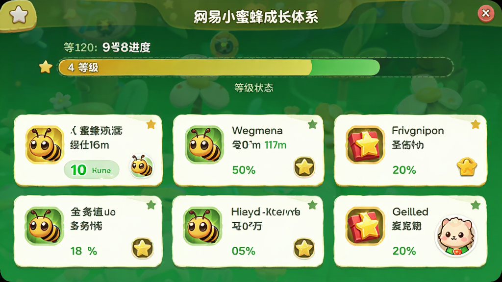 主体:网易小蜜蜂成长体系界面,展示等级进度条、任务列表和奖励图标。布局:顶部为等级进度,下方为任务卡片列表。排版:卡片式布局,任务状态清晰。风格:游戏化设计,色彩丰富,黄色和绿色为主。细节:经验值数字和奖励图标醒目。画质:高清,界面精致,无多余元素。