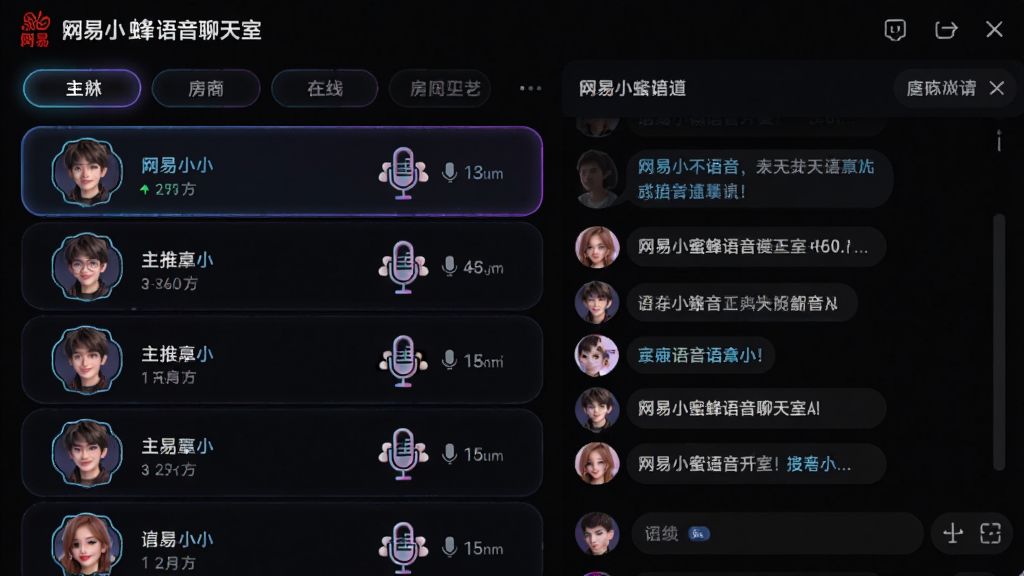 主体:网易小蜜蜂语音聊天室界面,显示房间列表和正在进行的语音房间,有主播头像和在线人数。布局:左侧为房间列表,右侧为聊天区域。排版:列表式布局,顶部有分类标签。风格:深色主题,带有霓虹光效。细节:主播头像旁有麦克风图标,聊天区有文字滚动。画质:高清,色彩炫酷,无多余元素。