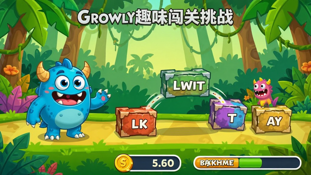 展示Growly趣味闯关挑战的游戏场景,画面中一只卡通小怪兽站在赛道起点,前方是多个单词障碍物,需要选择正确答案才能跳跃通过,背景是色彩鲜艳的丛林风格,界面下方有金币计数和关卡进度条,整体风格卡通可爱,画质清晰,干净无多余元素