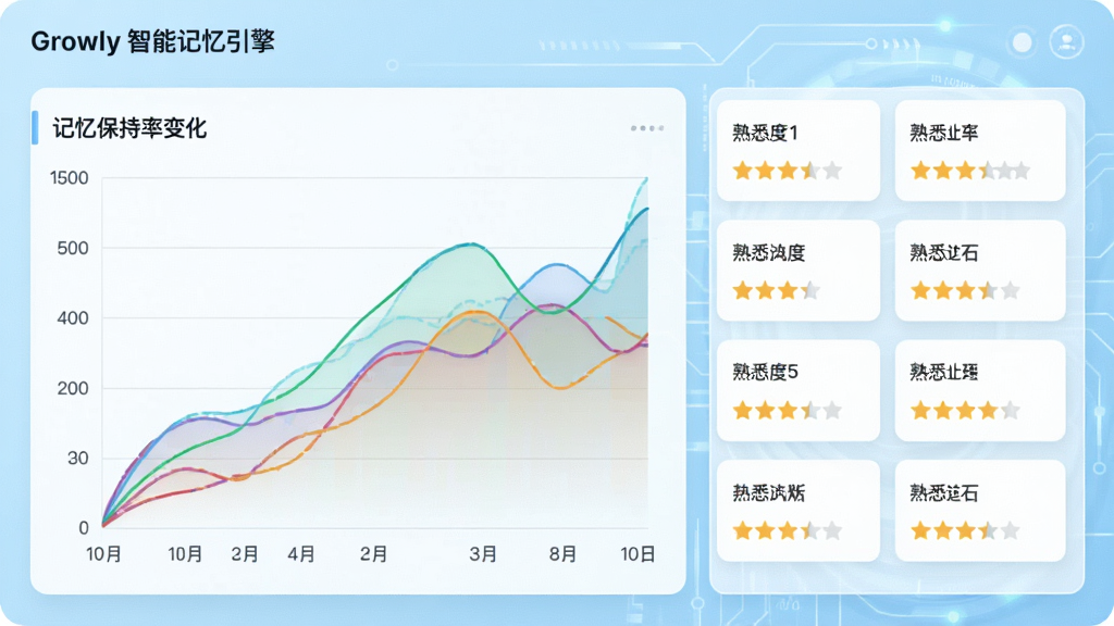 展示Growly智能记忆引擎的数据可视化界面,左侧是彩色折线图显示记忆保持率变化,右侧是单词卡片列表,每张卡片上标有熟悉度星级,背景为浅蓝色科技感界面,整体布局整洁,风格简约现代,画质高清,干净无多余元素