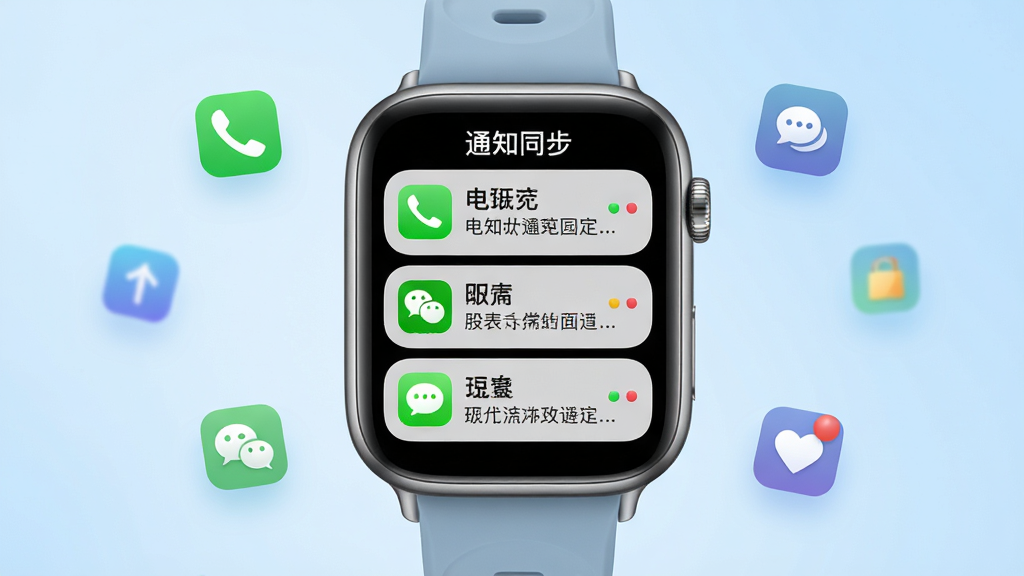 主体:手表屏幕显示多条通知消息,包含电话、微信、短信图标。布局:手表居中,屏幕朝上,背景为浅蓝色渐变,周围有悬浮的图标装饰。排版:通知列表纵向排列,每条通知有应用图标与内容摘要,顶部有“通知同步”字样。风格:简洁商务风,圆角卡片设计。细节:手表表带为硅胶材质,屏幕亮起显示彩色通知,字迹清晰。画质:高清,干净无多余元素。