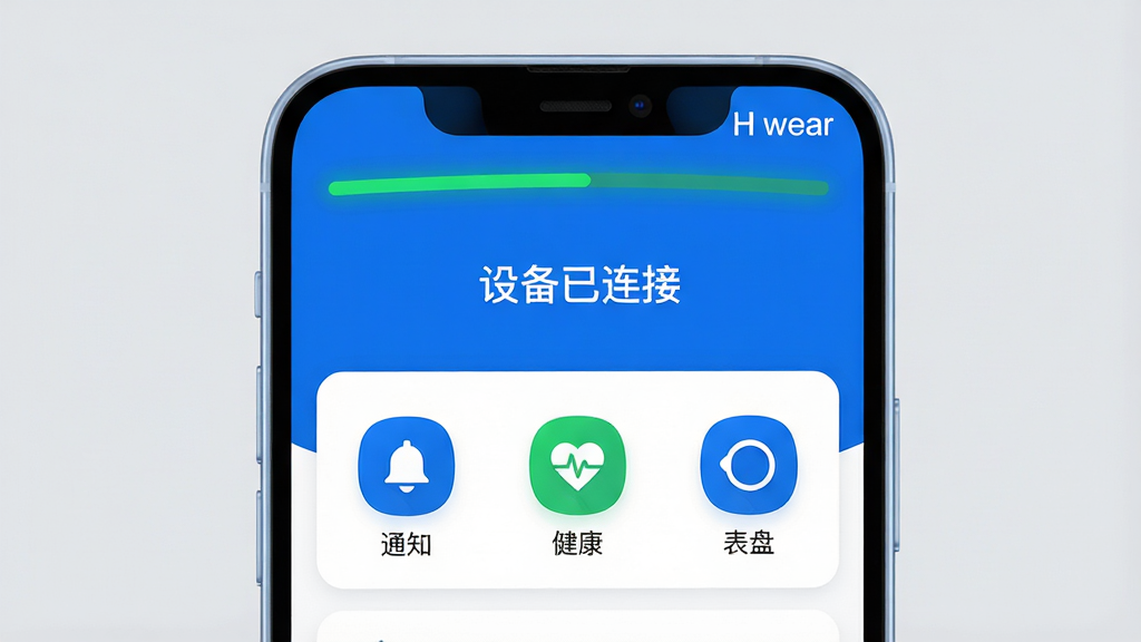主体:手机屏幕显示H wear应用的操作界面,包含连接状态、功能菜单。布局:手机居中,屏幕显示“设备已连接”,下方有“通知”、“健康”、“表盘”等图标。排版:界面简洁,功能图标横向排列,顶部有绿色连接状态条。风格:清爽科技风,蓝白配色。细节:手机边框圆润,屏幕内容清晰,背景为浅灰色。画质:高清,干净无多余元素。