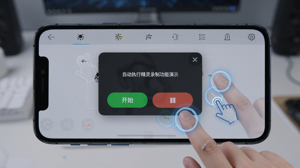 自动执行精灵录制功能演示,手机屏幕显示录制悬浮窗,有开始和停止按钮,背景为操作界面,有手指点击的动画效果,主体明确,布局直观,排版专业,风格科技,细节清晰,8K画质,干净,无多余元素