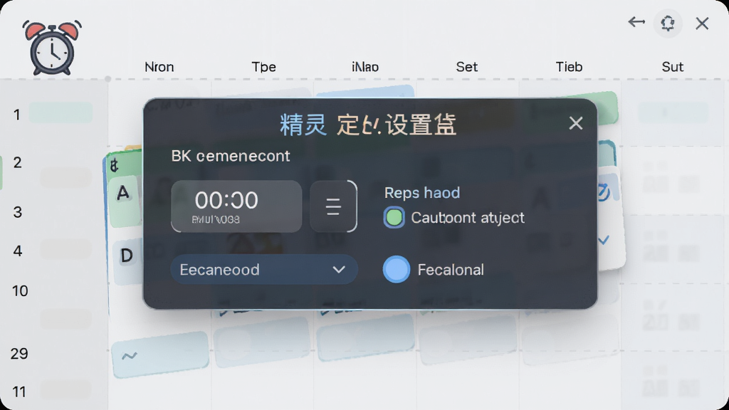 自动执行精灵定时设置界面,显示时间选择器和重复周期选项,背景为日程表样式,有闹钟图标,主体突出,布局合理,排版简洁,风格清爽,细节精致,8K画质,干净,无多余元素