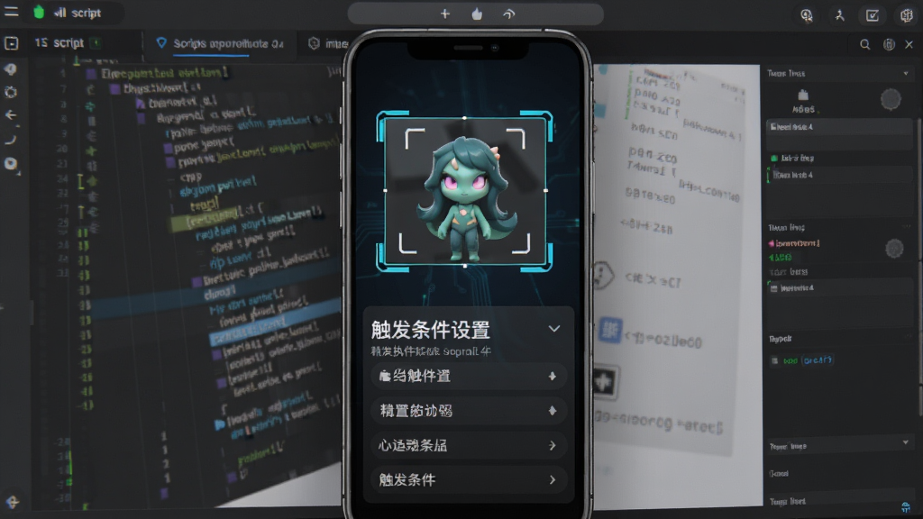 自动执行精灵条件触发示意图,手机屏幕上有识别框选中的区域,下方显示触发条件设置选项,背景为脚本编辑界面,主体清晰,布局专业,排版有序,风格科技感,细节丰富,8K画质,干净,无多余元素