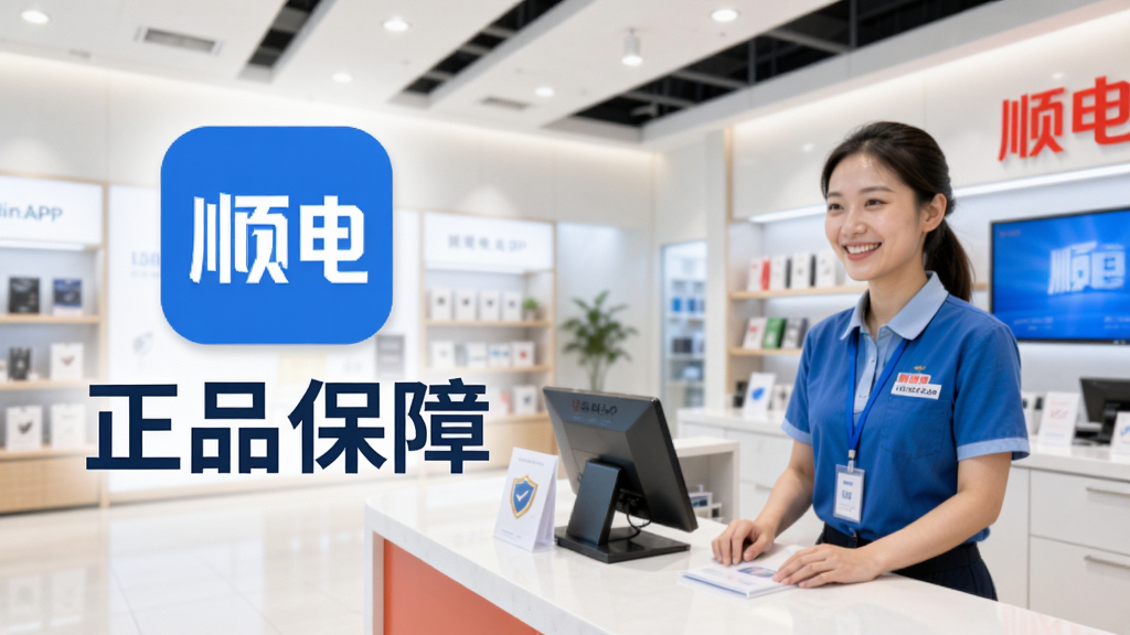 顺电APP正品保障服务示意图,图片展示顺电品牌标志与“正品保障”字样,背景为顺电实体门店内景,服务台工作人员微笑服务,画面明亮整洁,风格写实,画质干净,无多余元素