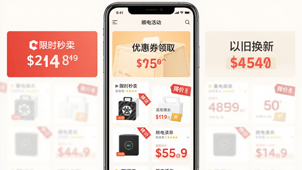 顺电APP优惠活动页面截图,手机界面显示限时秒杀、优惠券领取、以旧换新等模块,商品价格标签醒目,红色降价标识点缀,整体布局清晰,画质干净,无多余元素