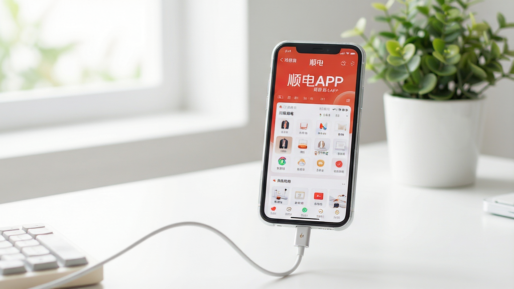 顺电APP使用指南插图,手机连接数据线充电,屏幕显示顺电APP主界面,背景为简洁的书桌与绿植,画面清新自然,风格干净明亮,画质清晰,无多余元素