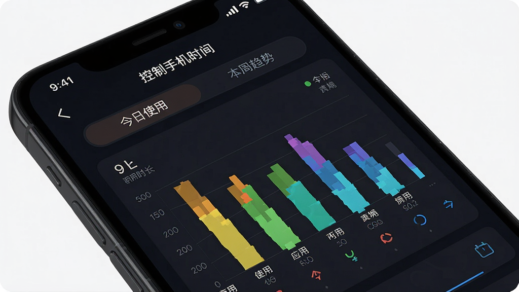 一部手机屏幕显示“控制手机时间”APP的统计报表界面,界面以深色背景搭配多彩柱状图,展示不同应用的使用时长排名,屏幕上方有“今日使用”和“本周趋势”标签,整体风格现代科技感,画质干净,无多余元素