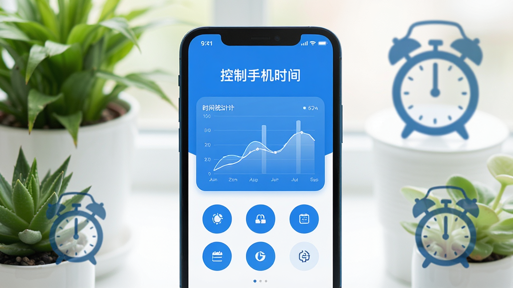 一部智能手机屏幕亮起,屏幕中央显示“控制手机时间”APP界面,界面风格简约清晰,以蓝色和白色为主色调,显示着时间统计图表和几个圆形按钮,周围环绕着绿色植物和闹钟图标,整体画面干净明亮,寓意自律与自由,画质高清,无多余元素