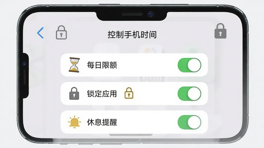 一部手机屏幕显示“控制手机时间”APP的限制设置界面,界面中有“每日限额”、“锁定应用”、“休息提醒”等选项,每个选项旁边有开关按钮,背景为浅灰色,配以沙漏和锁形图标,整体风格简洁直观,画质干净,无多余元素