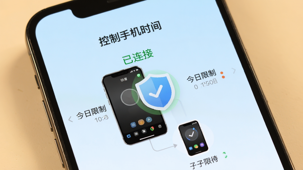 一部手机屏幕显示“控制手机时间”APP的远程守护界面,界面展示一台主设备与一台子设备的连接状态,中间有盾牌图标,周围有“已连接”、“今日限制”等文字,背景为淡蓝色,整体风格温馨安全,画质干净,无多余元素