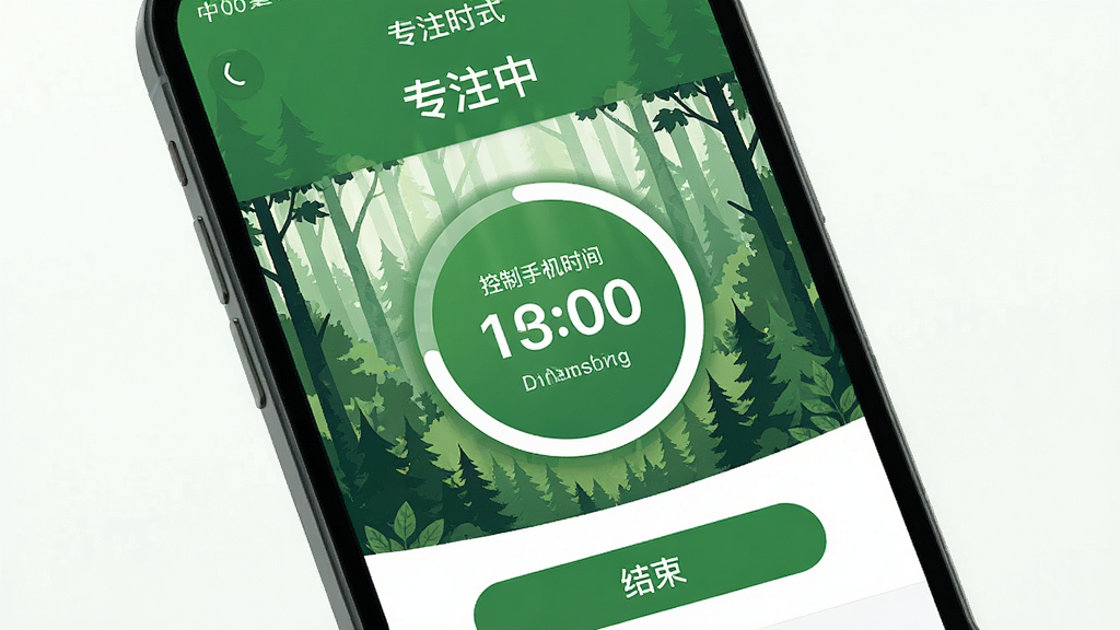 一部手机屏幕显示“控制手机时间”APP的专注模式界面,界面中央有一个圆形倒计时表,周围环绕着森林图案,顶部有“专注中”字样,底部有“结束”按钮,整体色调为绿色和白色,风格清新自然,画质高清,无多余元素