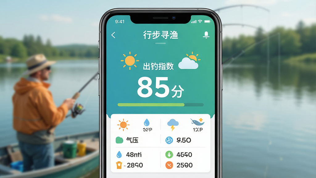 主体:手机屏幕特写,显示“行步寻渔”的智能出钓指数页面,指数为85分,伴有太阳和云朵图标。布局:手机居中,背景为模糊的钓鱼场景。排版:指数数字醒目,下方有详细参数列表。风格:扁平化UI风格,色彩清新。细节:屏幕上有“出钓指数 85”文字,以及气压、湿度等小图标。画质:高清,干净,无多余元素。