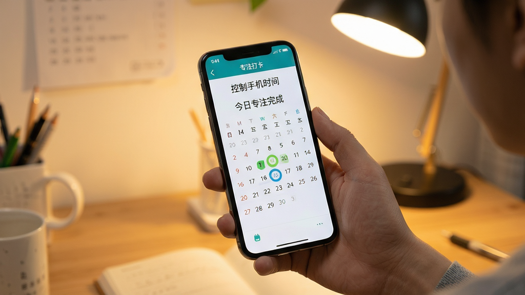 一名用户手持手机,屏幕显示“控制手机时间”APP的专注打卡界面,界面有“今日专注完成”字样和日历标记,背景为书桌和台灯,整体风格温馨写实,画质干净,无多余元素