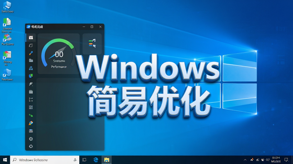 一幅展示Windows桌面整洁、系统性能仪表盘显示优化完成的画面,中央有软件名称“Windows 简易优化”的立体字标,背景为渐变蓝色科技感光效,整体风格简洁明亮,细节清晰,画质干净,无多余元素。