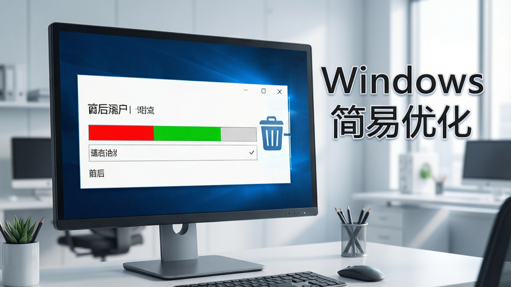 电脑屏幕显示磁盘空间清理前后对比图,左侧红色空间条变绿,旁边有垃圾桶图标和“Windows 简易优化”字样,背景为清爽的科技感办公室,光线柔和,细节清晰,画质干净。