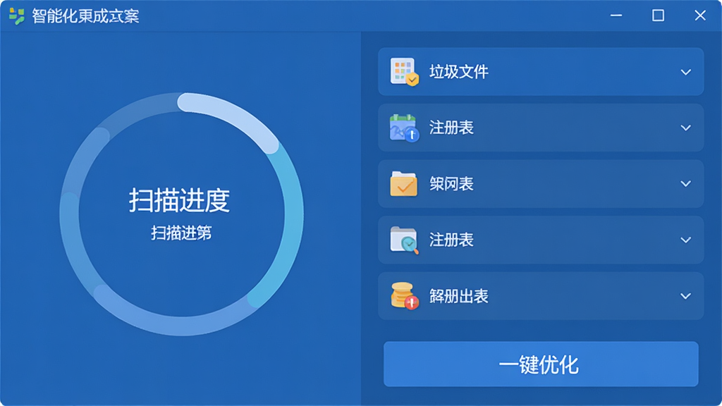 软件主界面展示智能体检结果,左侧为扫描进度环形图,右侧列出垃圾文件、注册表等类别,底部有“一键优化”按钮,界面以蓝色为主色调,扁平化设计,细节丰富,画质干净。
