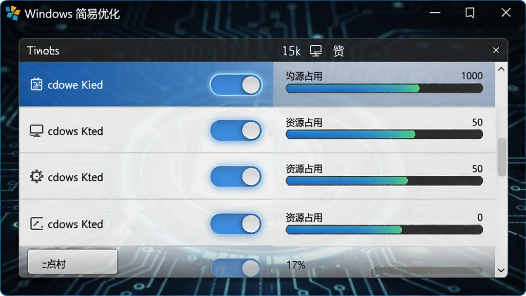 软件界面展示启动项列表,每一项带开关滑块和资源占用条,顶部有“Windows 简易优化”标题,背景为深色科技风,界面简洁,滑块高亮显示,细节丰富。