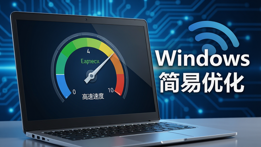 一台笔记本电脑屏幕显示网络速度仪表盘,指针指向高速区域,旁边有“Windows 简易优化”字样与网络波纹图标,背景为蓝色科技光效,写实风格,细节丰富,画质干净。