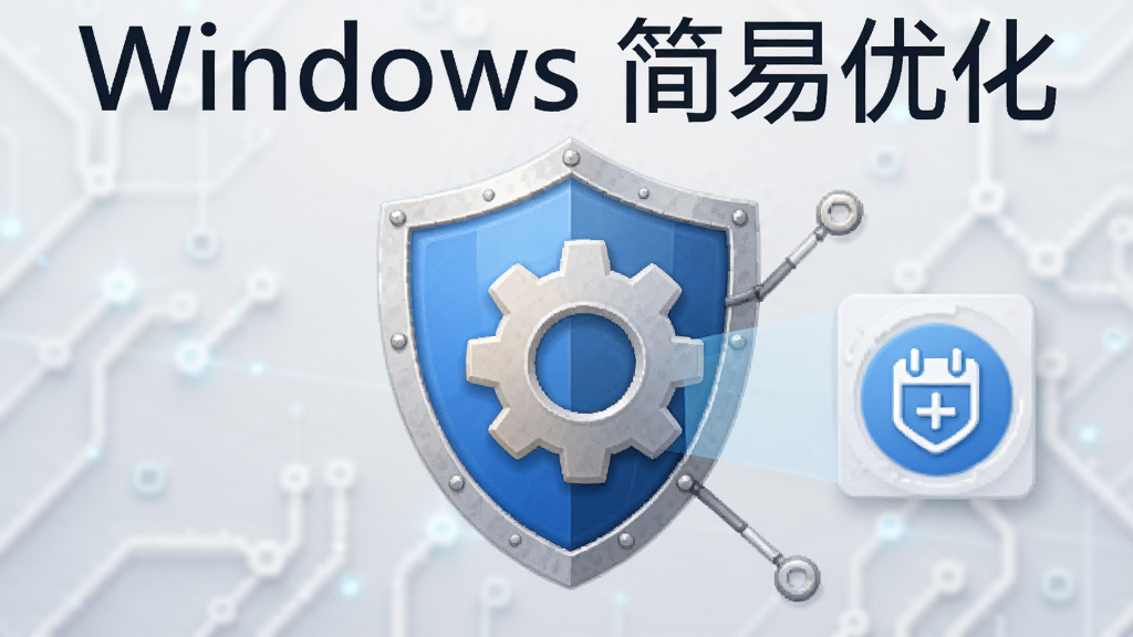 盾牌图标与齿轮图标组合,周围有“Windows 简易优化”字样与还原点标识,背景为浅灰色科技纹理,整体风格简约安全,细节清晰。