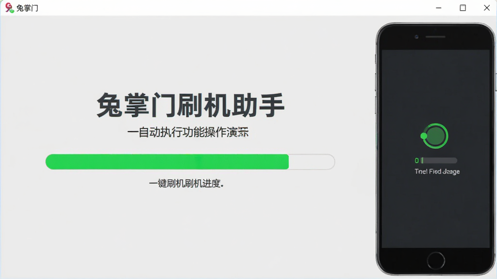 兔掌门刷机助手一键刷机功能操作演示图,画面展示软件正在自动执行刷机进度条,手机模型在右侧显示连接状态,进度条为绿色高亮,背景为浅灰色调,布局居中,风格扁平化,细节清晰,画质干净
