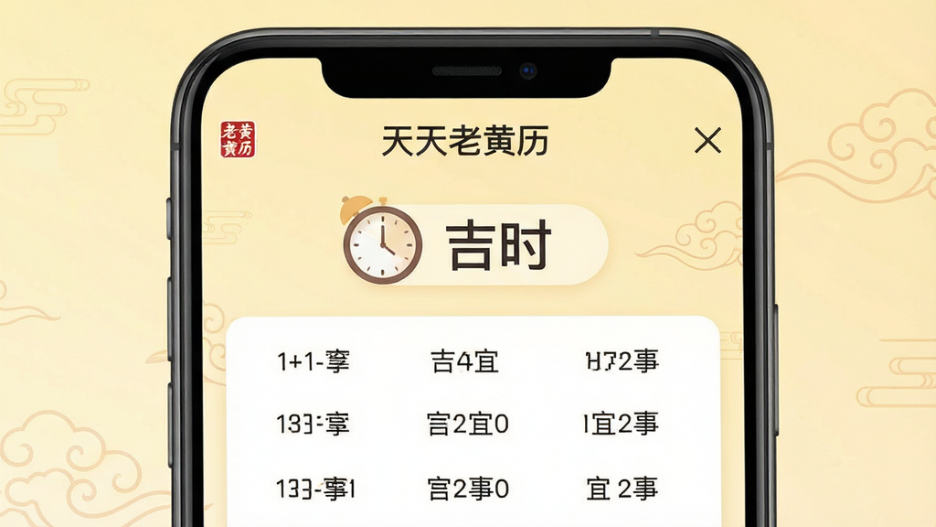 主体:手机屏幕特写,显示“天天老黄历”应用中的吉时推荐页面,背景为淡黄色渐变,页面中有钟表图标和“吉时”字样,下方列出多个时间段及对应宜事。布局:手机屏幕居中,界面元素简洁明了,重点突出吉时信息,背景有传统祥云纹样点缀。风格:扁平化与现代结合,色彩柔和,画质干净,无多余元素。