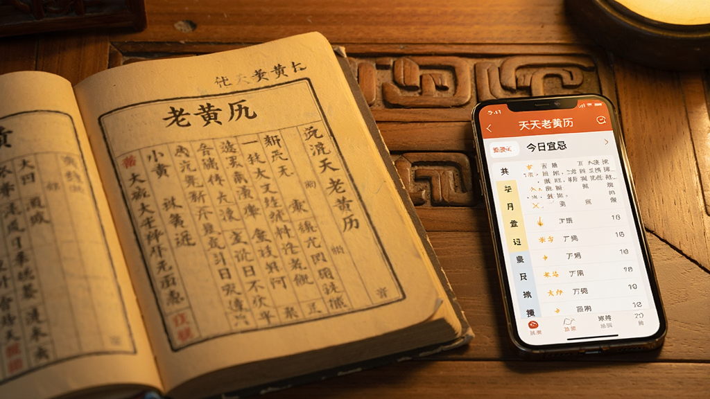 主体:一本打开的古老黄历书籍,旁边放置一部智能手机,手机屏幕显示“天天老黄历”应用中的“今日宜忌”详情页,背景是传统中式木桌。布局:书籍在左,手机在右,形成对比,手机屏幕内容清晰可辨,黄历书籍上的文字隐约可见。风格:古朴写实,暖色调灯光,营造传统文化韵味,画质细腻,干净无多余元素。