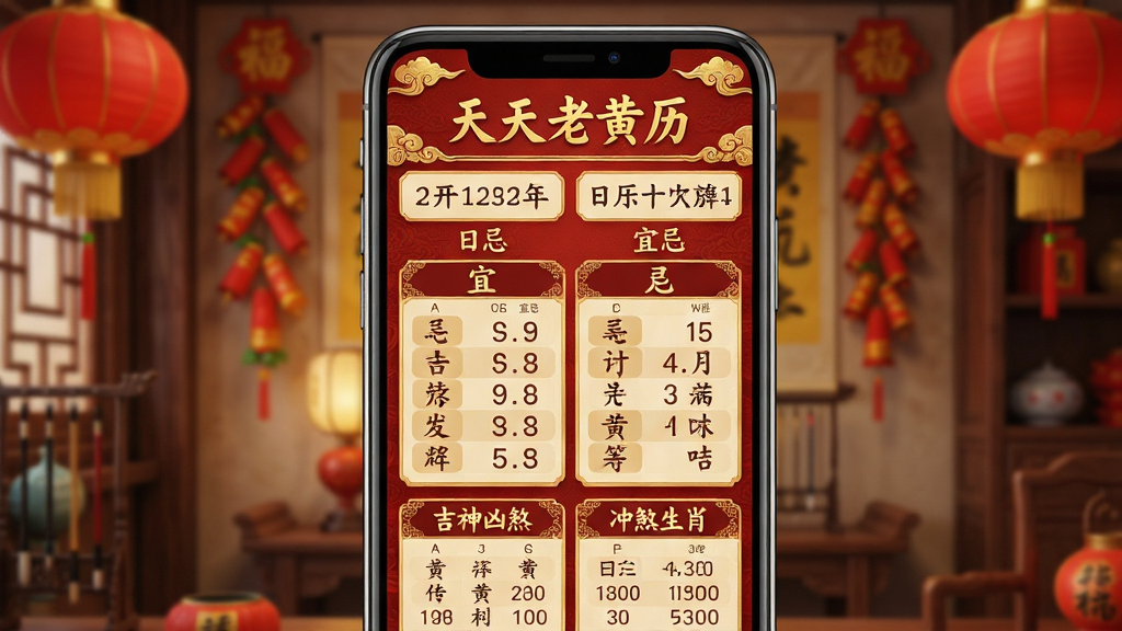 主体:一款名为“天天老黄历”的手机应用界面,屏幕上清晰展示今日宜忌、吉神凶煞、冲煞生肖等传统黄历信息,界面风格古风典雅,搭配红色与金色主色调。布局:手机居中,屏幕正面朝向观众,界面顶部显示“天天老黄历”字样,下方依次排列日期、农历、宜忌列表,整体排版整齐清晰。风格:写实渲染,色彩鲜艳,突出传统民俗文化氛围,细节丰富,画质高清,干净无多余元素。