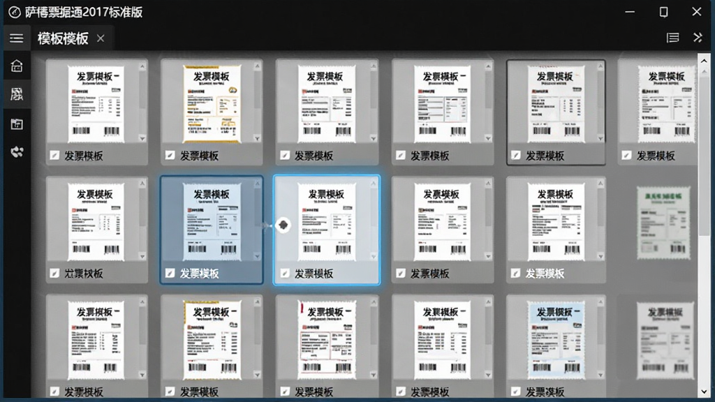 萨博票据通2017标准版票据模板选择界面,主体为模板库窗口,展示多种票据缩略图,布局为网格排列,风格清爽,细节高亮选中模板,文字标签显示“发票模板”,画质干净