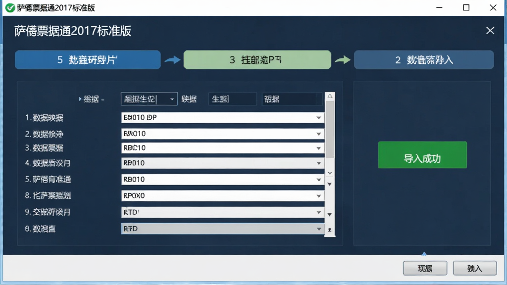 萨博票据通2017标准版批量导入Excel数据操作界面,主体为数据导入向导,布局为步骤式,风格商务专业,细节显示数据字段映射,文字提示“导入成功”,画质干净无杂乱