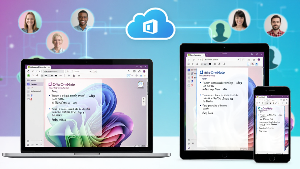 展示 Microsoft Office OneNote 跨设备同步和多人协作的概念图,画面中一台笔记本电脑、一部平板和一部手机屏幕上都显示着相同的笔记界面,云端图标连接着这些设备,背景有多个头像代表协作者,整体色调明亮,科技感强,画质干净,无多余元素。