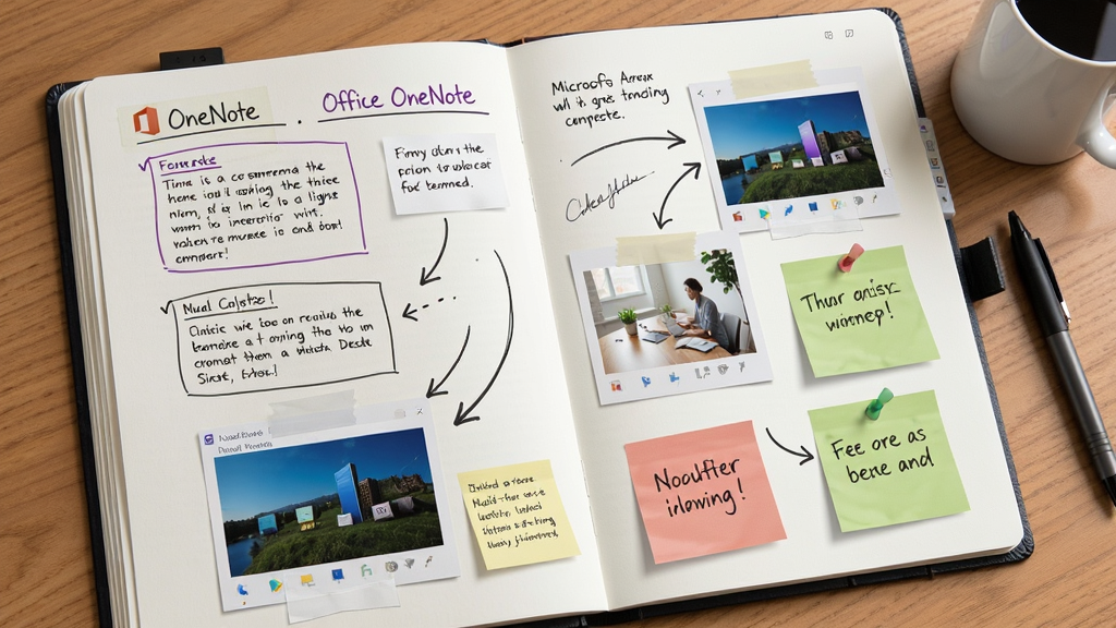 展示 Microsoft Office OneNote 自由画布功能的示意图,画面中一个笔记本页面上随意散布着文字框、手绘箭头、插入的图片和便签贴纸,模拟用户自由书写的场景,风格写实,细节丰富,突出布局的灵活性和随意性,画质干净,无多余元素。