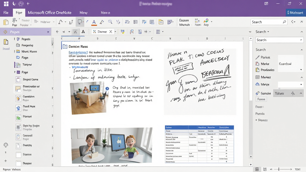 一幅展示 Microsoft Office OneNote 主界面的高清数字插图,界面左侧为分区和页面导航栏,中央是包含多类型内容(文字、手写笔迹、插入的图片和表格)的编辑画布,右侧为搜索和标记面板,整体采用明亮干净的 Office 风格,色彩以蓝白为主,画质清晰,布局规整,无多余元素。