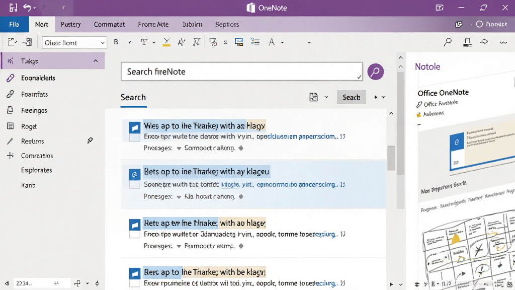 一张 Microsoft Office OneNote 搜索功能的界面截图风格图片,画面中央是搜索框,下方显示搜索结果的片段列表,高亮显示匹配的关键词,左侧为标签面板,右侧为笔记预览,整体界面简洁现代,蓝色主题色,画质清晰,无多余元素。