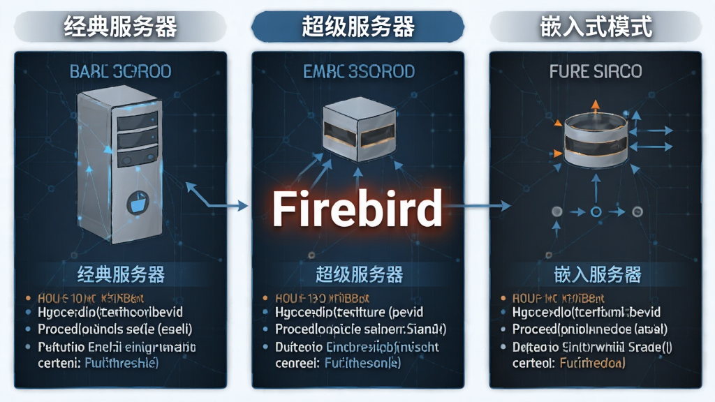 主体:Firebird三种部署模式的对比图,布局:从左到右依次为经典服务器、超级服务器、嵌入式模式,排版:并列对比,风格:技术示意图,细节:每种模式下方标注特点,中心突出“Firebird”,画质:高清,干净,无多余元素