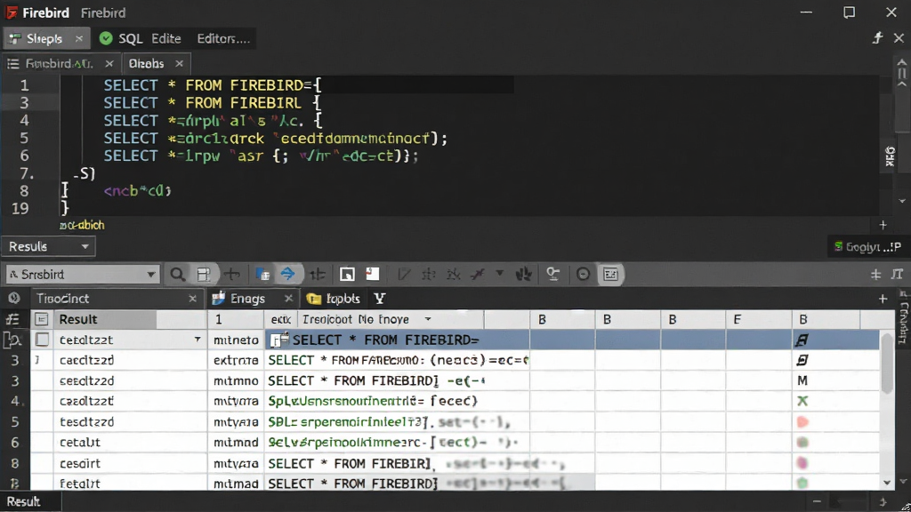 主体:Firebird的SQL编辑器界面,布局:上方为SQL语句输入区,下方为执行结果表格,排版:左右分栏,风格:代码编辑器风格,细节:代码高亮显示,结果集清晰展示,标注“SELECT * FROM FIREBIRD”,画质:高清,干净,无多余元素