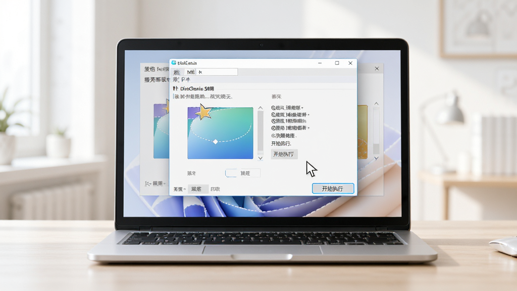 主体:一台笔记本电脑屏幕中显示DiskGenius软件正在执行分区操作。布局:电脑位于桌面,屏幕中软件界面清晰可见。排版:电脑居中,光线明亮。风格:写实风格,环境光柔和。细节:屏幕中显示分区调整窗口,鼠标指针正在点击“开始执行”。画质:高分辨率,干净,无多余元素。