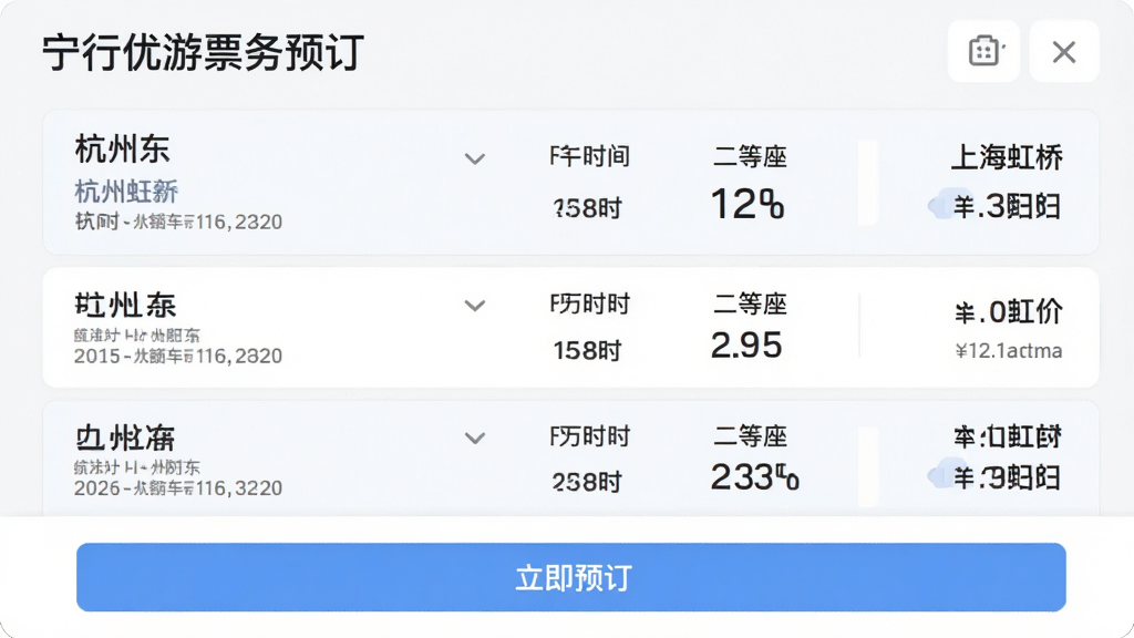 宁行优游票务预订页面,展示从“杭州东”到“上海虹桥”的高铁班次列表,每班次显示发车时间、历时、二等座余票数与票价,底部设有“立即预订”蓝色按钮,界面布局规整,数字清晰,色彩柔和,画质干净