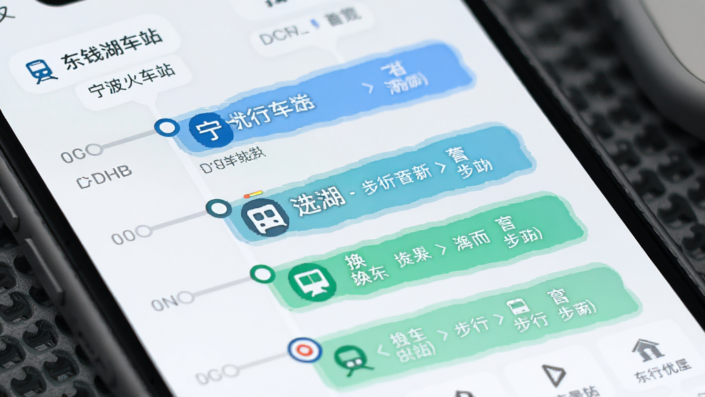 宁行优游应用行程规划功能预览图,屏幕展示从“宁波火车站”到“东钱湖景区”的多条路线推荐,每条路线以时间轴形式排列,标注换乘站点与步行距离,配色清爽,界面信息层级分明,画质细腻,无多余元素