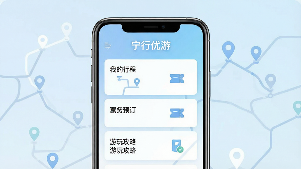 一张智能手机屏幕展示宁行优游应用主界面,界面顶部显示“宁行优游”品牌标识,中部以卡片式布局呈现“我的行程”“票务预订”“游玩攻略”三大功能模块,背景为淡蓝色渐变,搭配简洁的线路图标与地点标记,整体风格现代简约,画质清晰,干净无多余元素