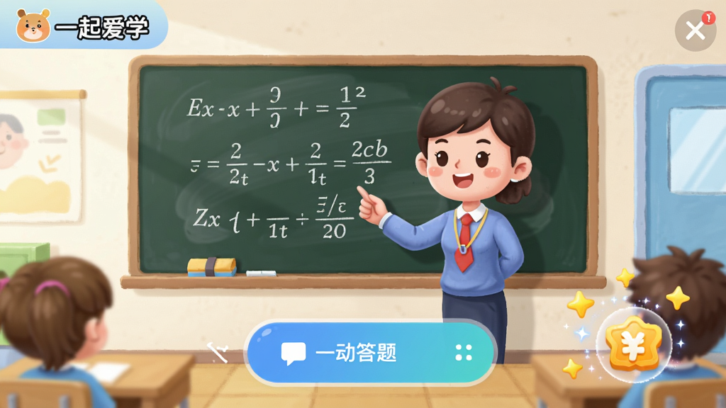 展示“一起爱学”APP的课堂视频播放界面,视频中有一位卡通老师在黑板上讲解数学公式,下方有互动答题按钮和积分动画特效,界面色彩活泼,高清画质,布局合理